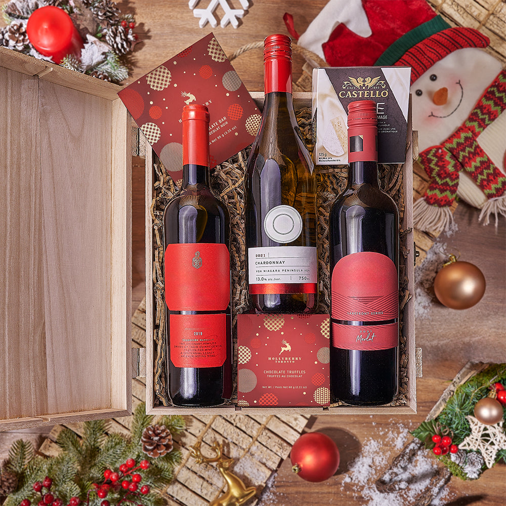 Christmas Wine Trio, wine gift, wine, chocolate gift, chocolate, cheese gift, cheese, Montreal delivery
