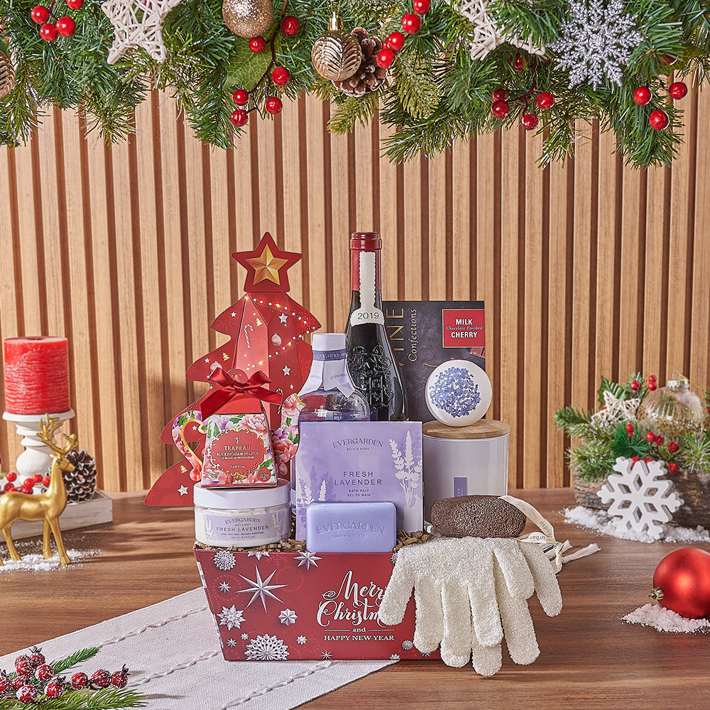 Christmas Wine &amp; Spa Gift Set, wine gift, wine, spa gift, spa, chocolate gift, chocolate, tea gift, tea, Montreal delivery