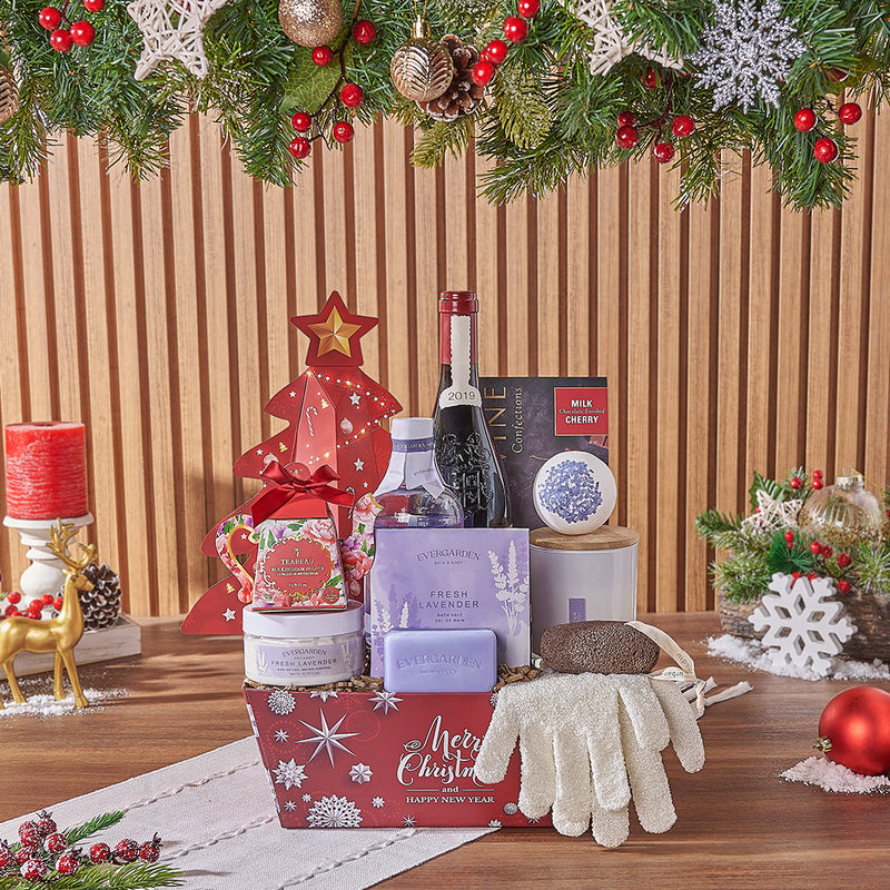Christmas Wine & Spa Gift Set, wine gift, wine, spa gift, spa, chocolate gift, chocolate, tea gift, tea, Montreal delivery