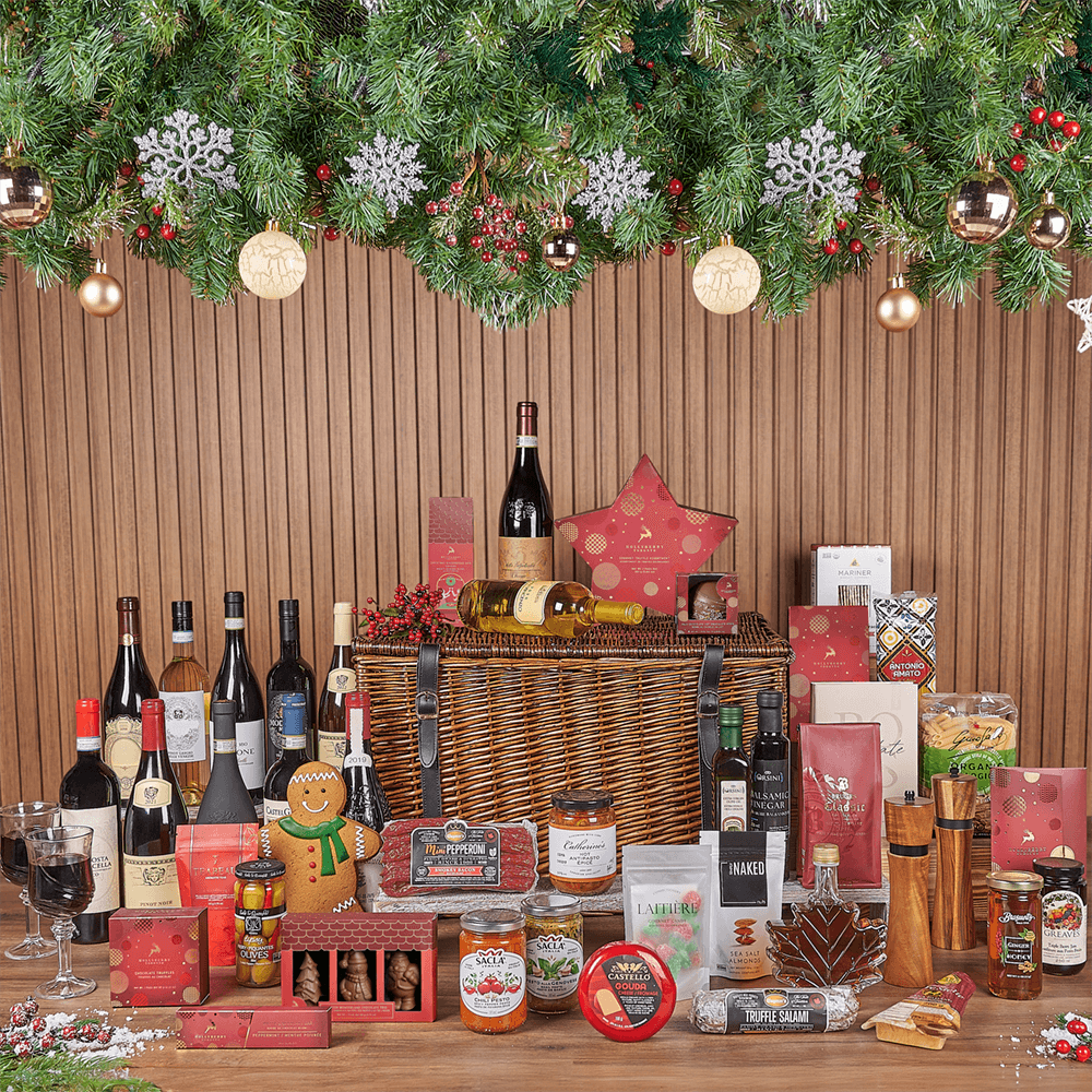 Christmas Wine & Treat Extravaganza Basket, christmas gift, christmas, wine gift, wine, chocolate gift, chocolate, Montreal delivery