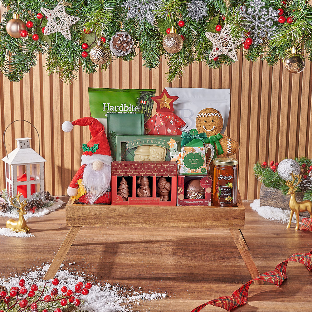 Christmas Wonderland Gift Basket with Treats Plush Santa and Acacia Wood Tray – how the gift is presented