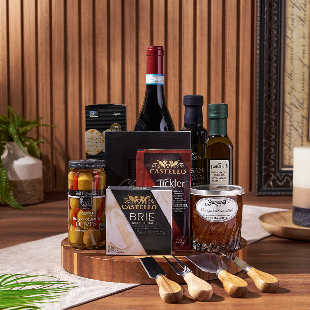 Classic Wine and Dine Gift Basket with Wine, Cheeses, and Chocolates – gift basket with bottle of wine, capeachio's original water cracker and sable