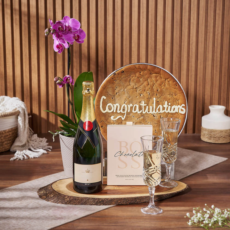 Congratulations Cookie & Champagne Gift Set, champagne gift, champagne, sparkling wine gift, sparkling wine, giant cookie gift, giant cookie, orchid gift, orchid, Montreal delivery