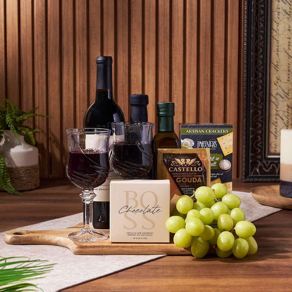 Decadent Wine & Cheese Basket, wine gift, wine, fruit gift, fruit, cheese gift, cheese, charcuterie gift, charcuterie, Montreal delivery