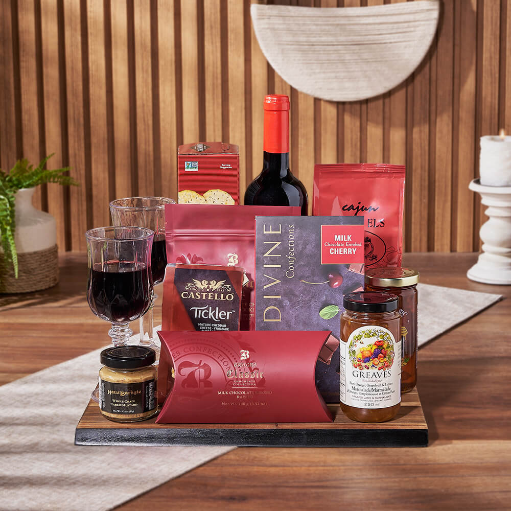 Decadent Wine &amp; Cheese Gift Board, wine gift, wine, chocolate gift, chocolate, snack gift, snack, Montreal delivery