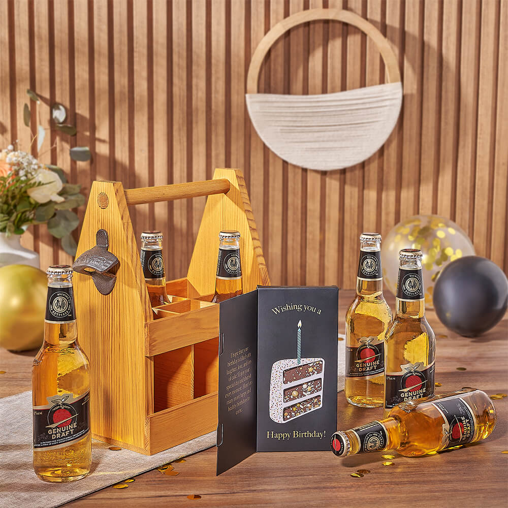 Birthday Beer Gift Set with Dark Chocolate and Wooden Carrier – how the gift is presented