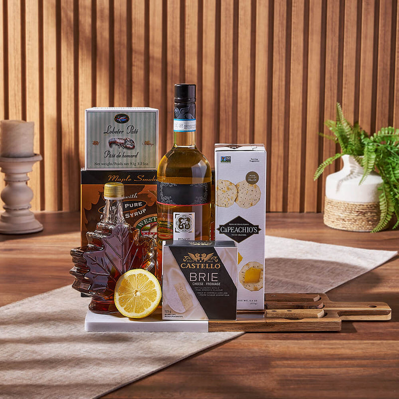 Deluxe Smoked Salmon & Citrus Gift Basket with Wine, wine gift, wine, gourmet gift, gourmet, cheese gift, cheese, cheese board gift, cheese board, Montreal delivery