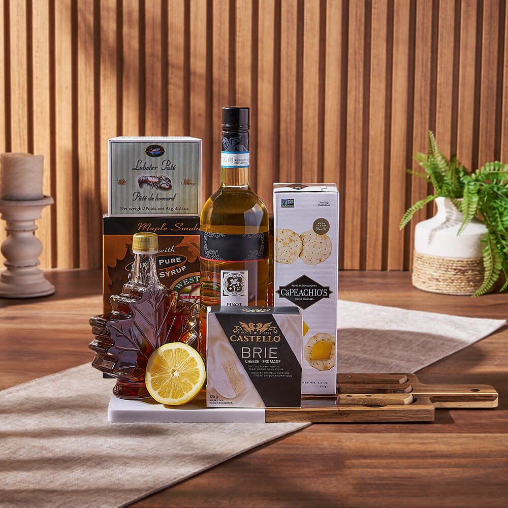 Deluxe Smoked Salmon & Citrus Gift Basket with Wine, wine gift, wine, gourmet gift, gourmet, cheese gift, cheese, cheese board gift, cheese board, Montreal delivery