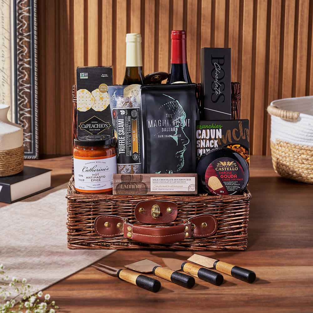 Deluxe Wine & Appetizer Gift Basket, wine gift, wine, charcuterie gift, charcuterie, coffee gift, coffee, Montreal delivery