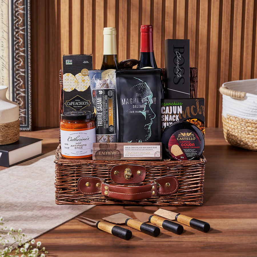 Deluxe Wine & Appetizer Gift Basket, wine gift, wine, charcuterie gift, charcuterie, coffee gift, coffee, Montreal delivery