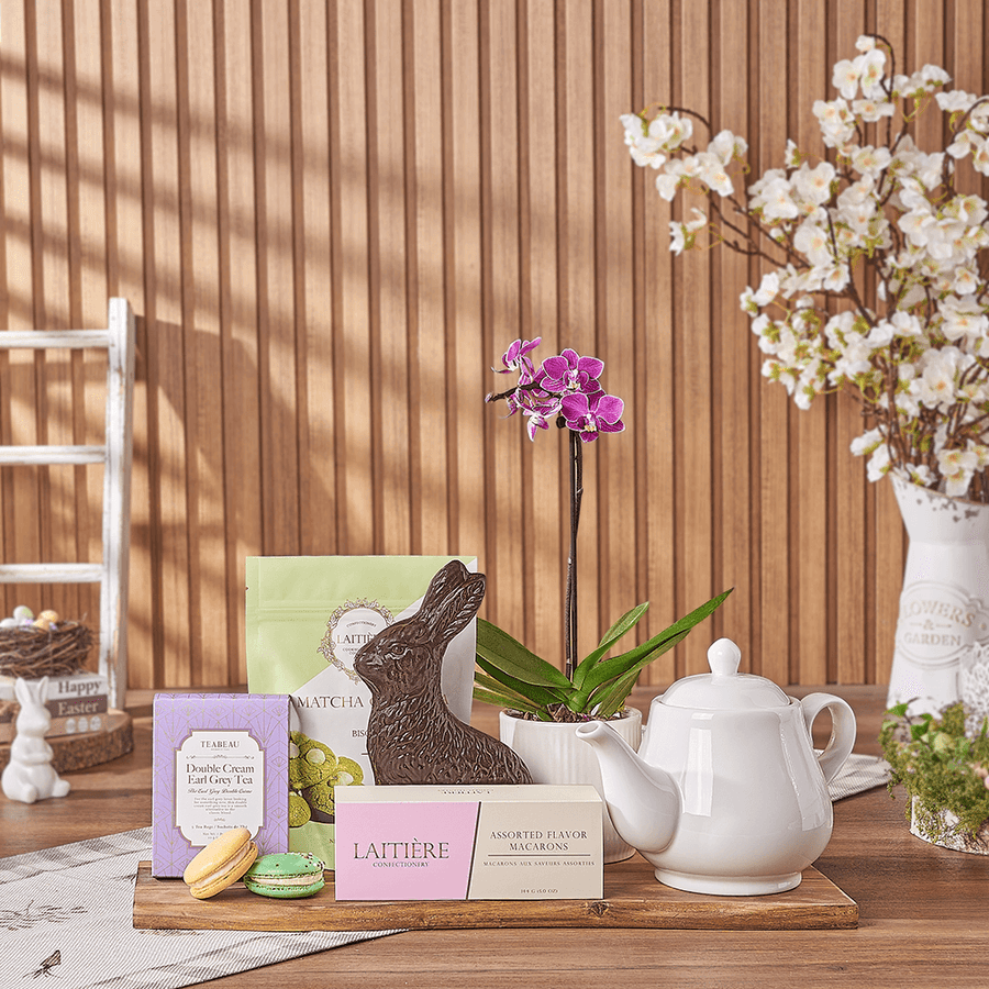 Easter Bunny Tea Tray, tea gift, tea, easter gift, easter, orchid gift, orchid, plant gift, plant, Montreal delivery