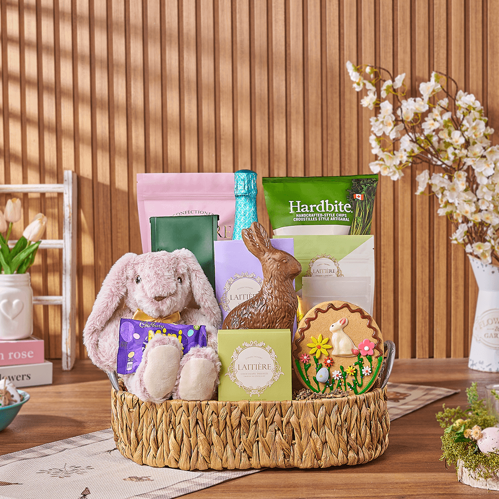 Easter Champagne &amp; Snack Basket, easter gift, easter, sparkling wine gift, sparkling wine, champagne gift, champagne, chocolate gift, chocolate, Montreal delivery