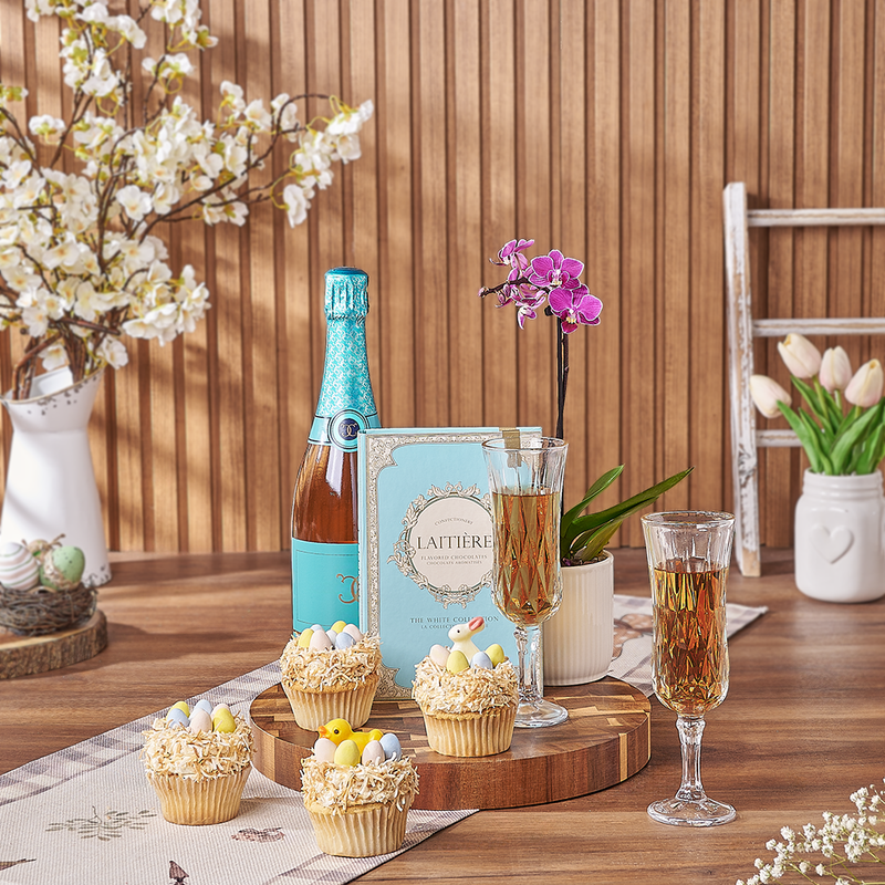 Easter Cupcake & Champagne Gift Set, champagne gift, champagne, sparkling wine gift, sparkling wine, cupcake gift, cupcake, plant gift, plant, orchid gift, orchid, Montreal delivery