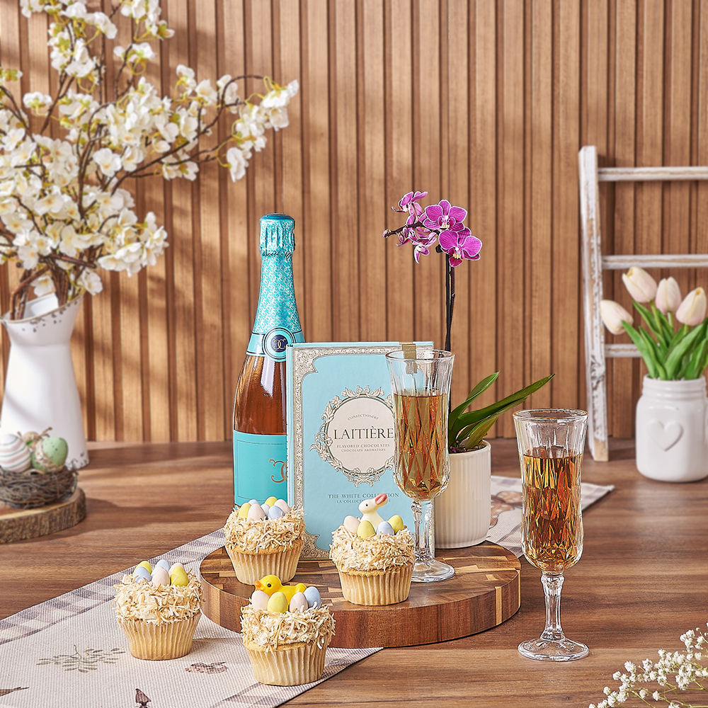 Easter Cupcake & Champagne Gift Set, champagne gift, champagne, sparkling wine gift, sparkling wine, cupcake gift, cupcake, plant gift, plant, orchid gift, orchid, Montreal delivery