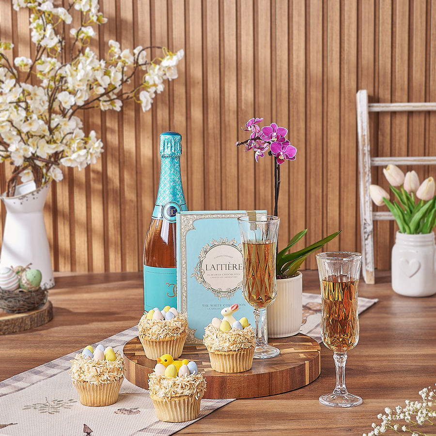 Easter Cupcake & Champagne Gift Set, champagne gift, champagne, sparkling wine gift, sparkling wine, cupcake gift, cupcake, plant gift, plant, orchid gift, orchid, Montreal delivery