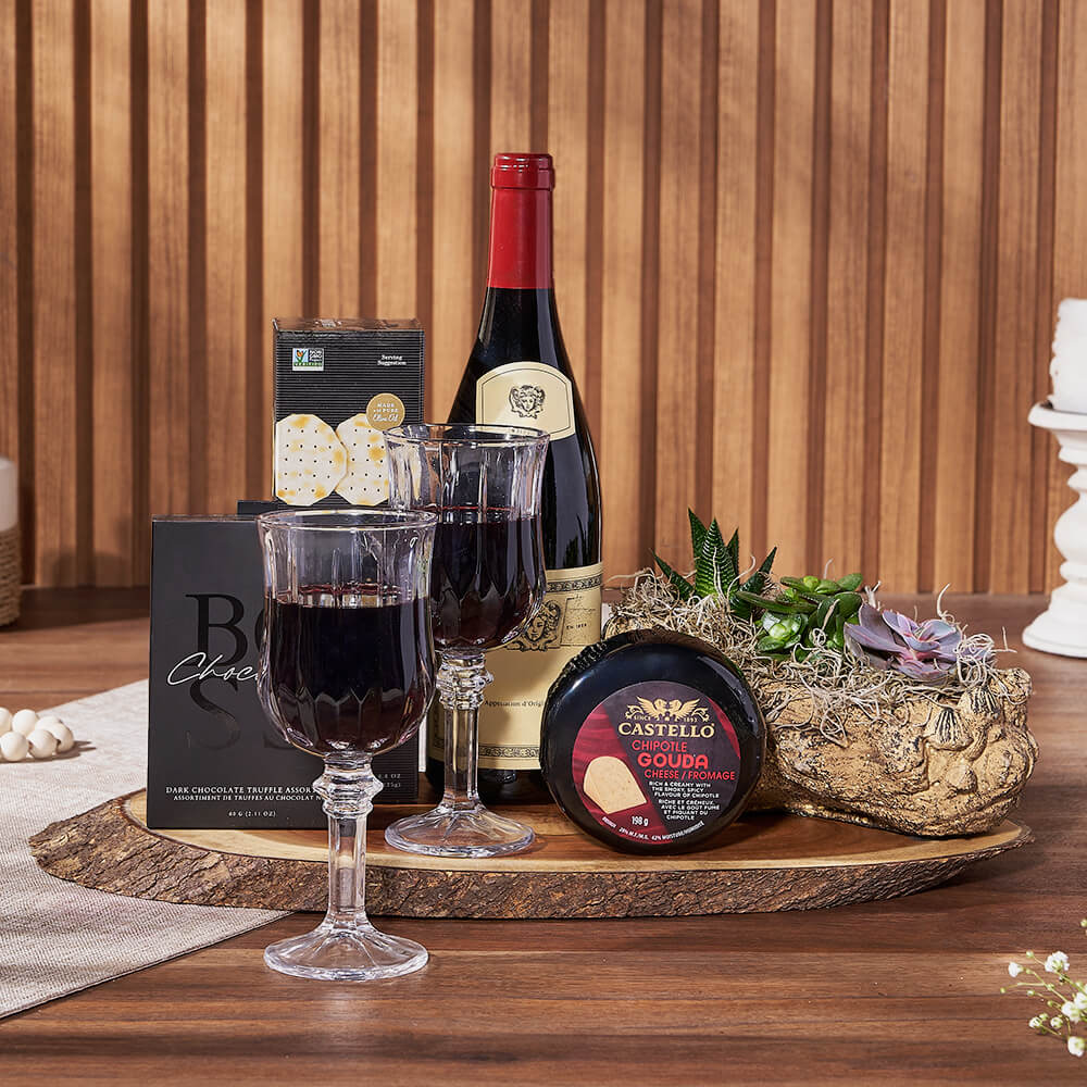 Exquisite Treats & Wine Gift Set, wine gift, wine, plant gift, plant, Montreal delivery