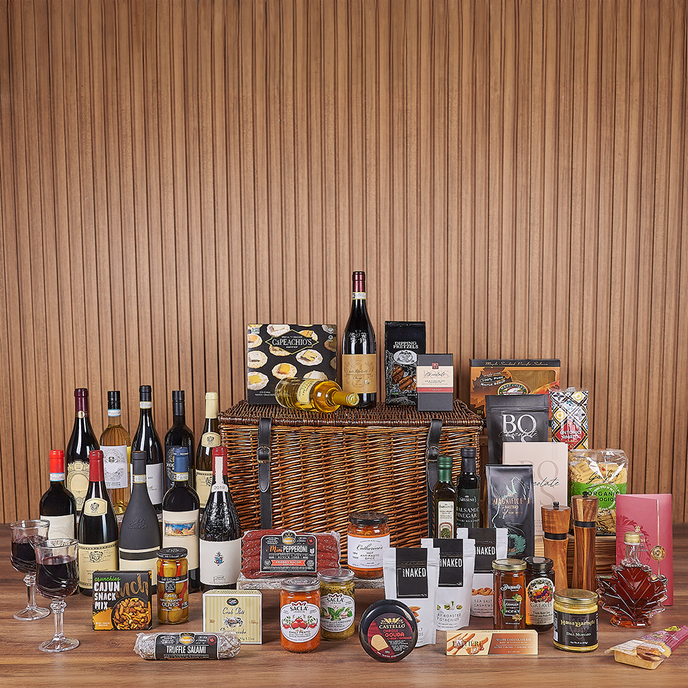 Exquisite Wine & Goodie Basket - Vintage Premium Wines, wine gift, wine, chocolate gift, chocolate, luxury gift, luxury, Montreal delivery