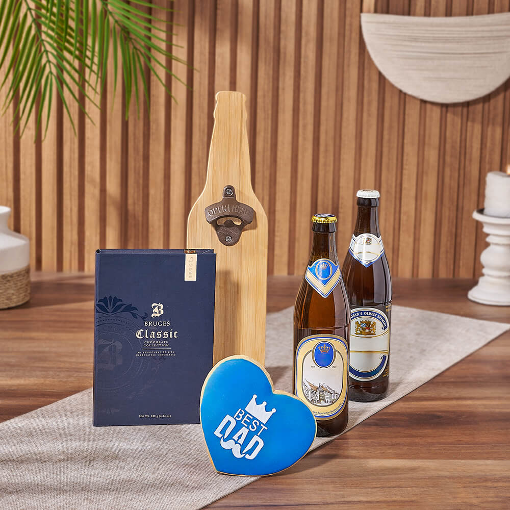 Sweet Treat and Brew Father's Day Beer Gift Basket – gift basket with 2 specialty beers : treat your gift recipient to a taste of specialty beers featuring their favourite flavours, and each with its own unique style and history, dad blue heart sugar cook
