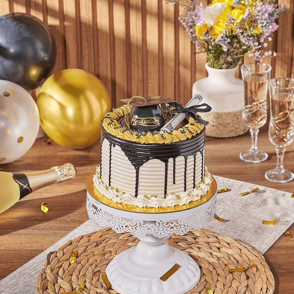 Gold Graduation Cake, cake gift, cake, graduation gift, graduation, baked goods gift, baked goods, Montreal delivery