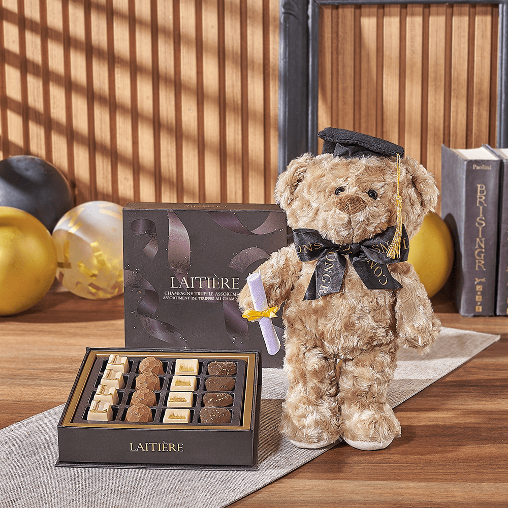 Graduation Bear &amp; Truffle Gift, chocolate gift, chocolate, graduation gift, graduation, plush gift, plush, Montreal delivery