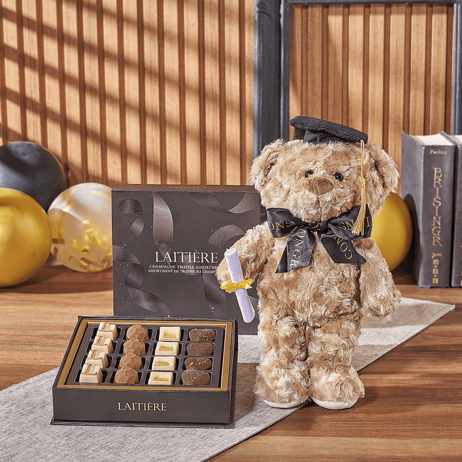 Graduation Bear & Truffle Gift, chocolate gift, chocolate, graduation gift, graduation, plush gift, plush, Montreal delivery