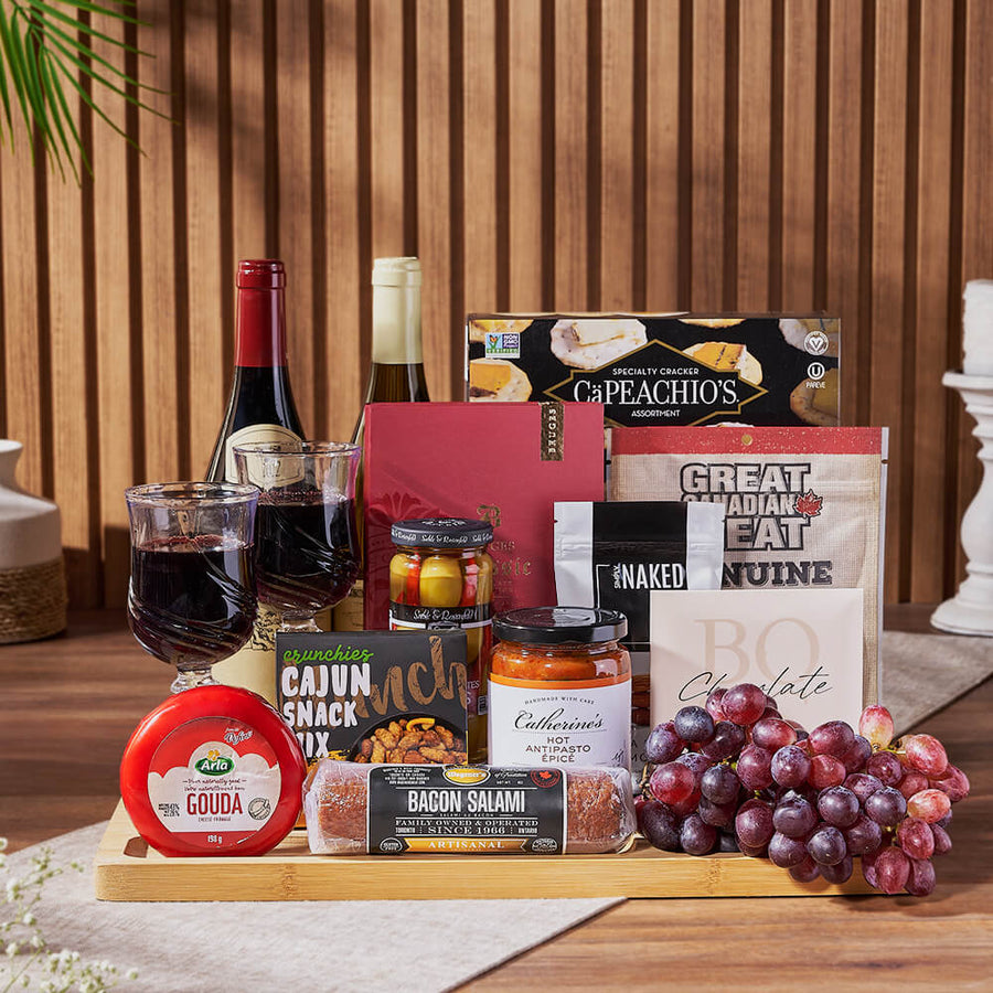 Grand Cheese & Wine Gift Basket, wine gift, wine, charcuterie gift, charcuterie, cheese gift, cheese, fruit gift, fruit, Montreal delivery