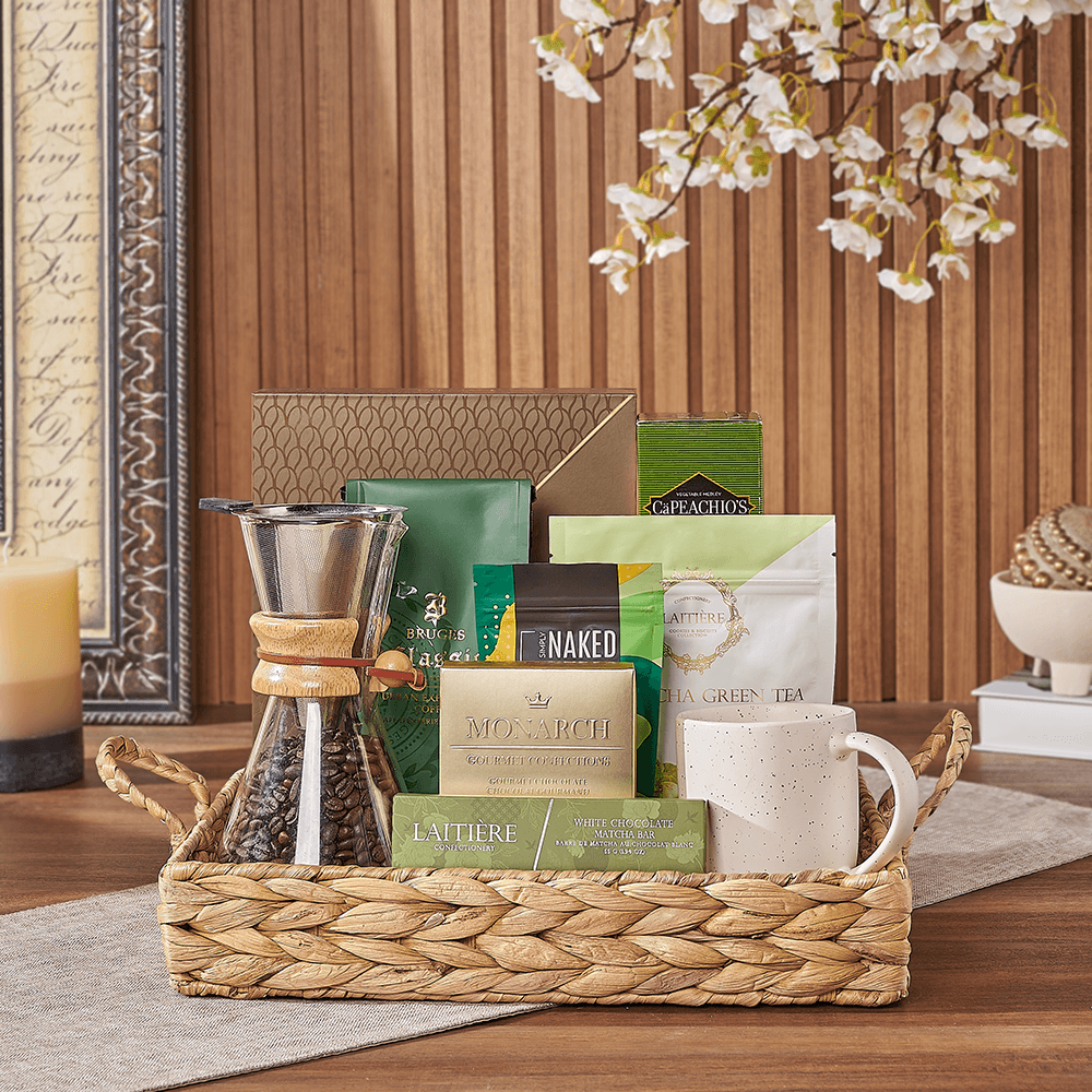 Halal Gift Basket with Coffee, Treats, and Glass Pour-Over Set – how the gift is presented