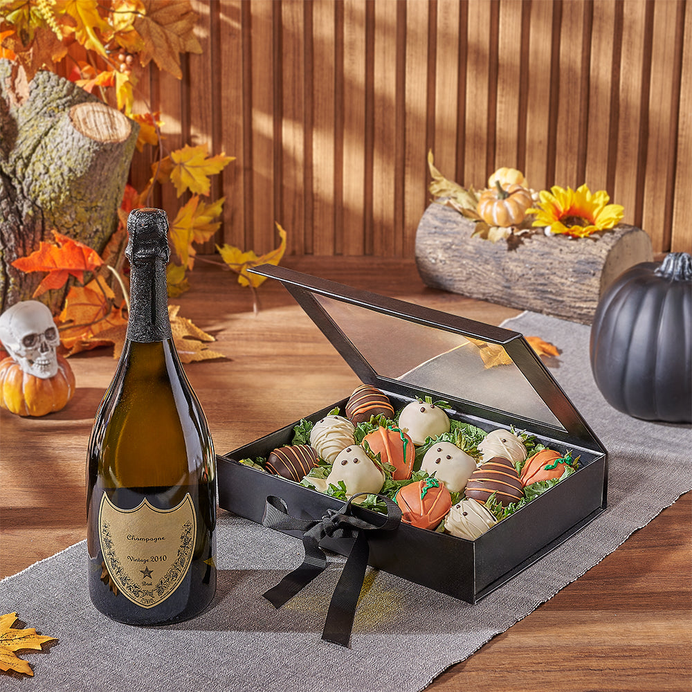 Halloween Strawberry &amp; Champagne Gift Set, chocolate strawberry gift, chocolate strawberry, champagne gift, champagne, sparkling wine gift, sparkling wine, Montreal delivery
