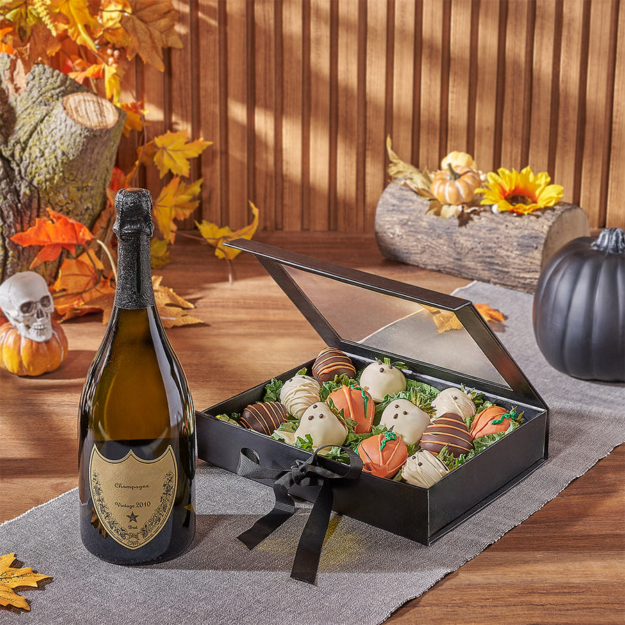 Halloween Strawberry & Champagne Gift Set, chocolate strawberry gift, chocolate strawberry, champagne gift, champagne, sparkling wine gift, sparkling wine, Montreal delivery