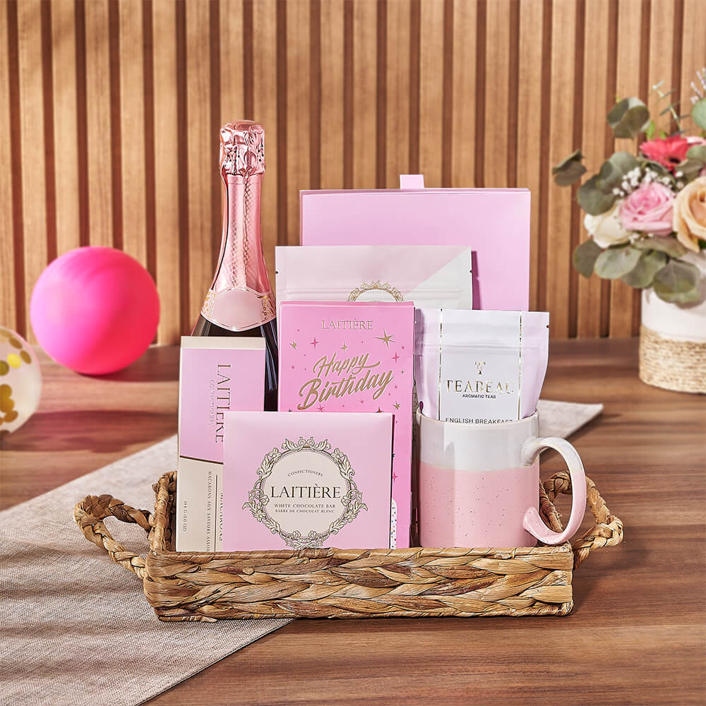 Happy Birthday Tea &amp; Bubbly Tray, champagne gift, champagne, sparkling wine gift, sparkling wine, chocolate gift, chocolate, birthday gift, birthday, Montreal delivery