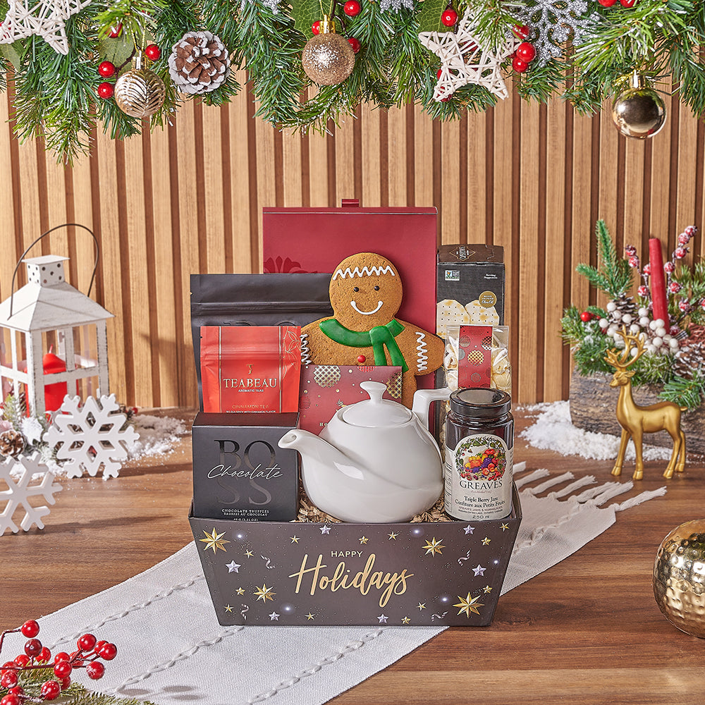 Chocolatey Christmas Gift Basket with Tea and Assorted Treats – how the gift is presented