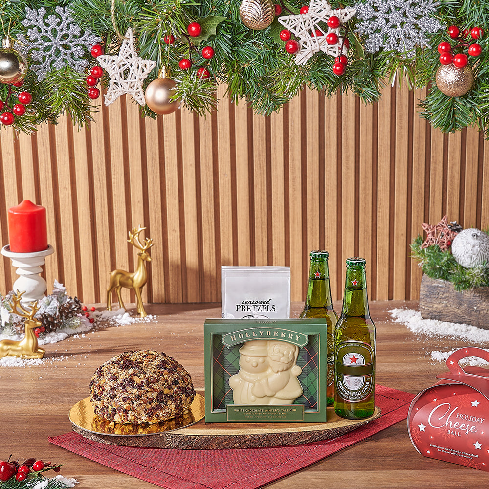 Holiday Beer &amp; Cranberry Cheese Ball Gift Basket, beer gift, beer, chocolate gift, chocolate, cheeseball gift, cheeseball, christmas gift, christmas, Montreal delivery