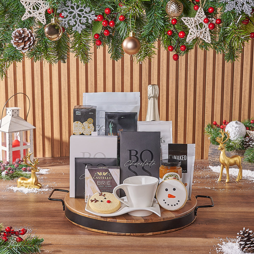 Winter Champagne and Gourmet Snack Basket – how the gift is presented