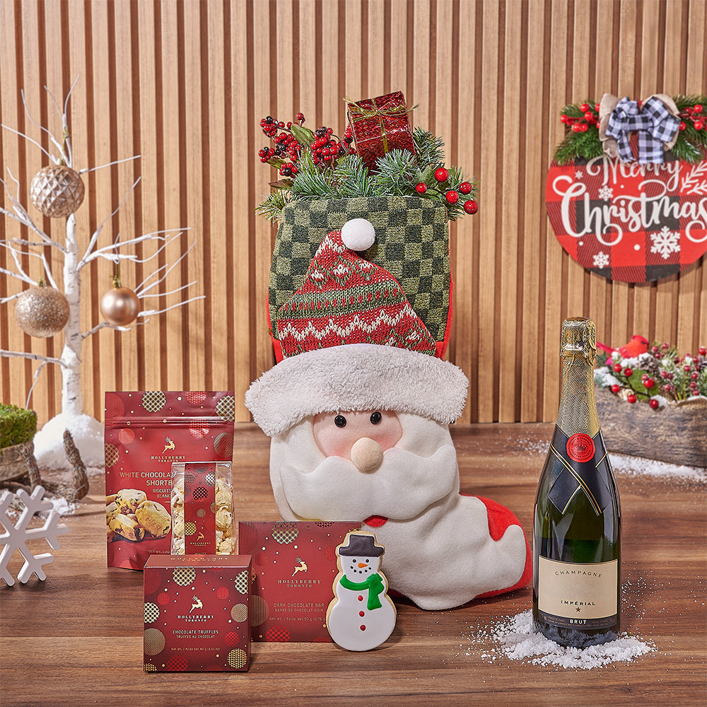 Holiday Champagne & Treat Stocking, champagne gift, champagne, sparkling wine gift, sparkling wine, chocolate gift, chocolate, christmas gift, christmas, Montreal delivery