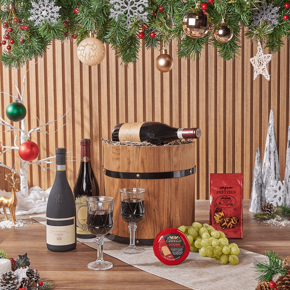 Holiday Fine Wine &amp; Cheese Barrel, wine gift, wine, cheese gift, cheese, fruit gift, fruit, christmas gift, christmas, holiday gift, holiday, Montreal delivery