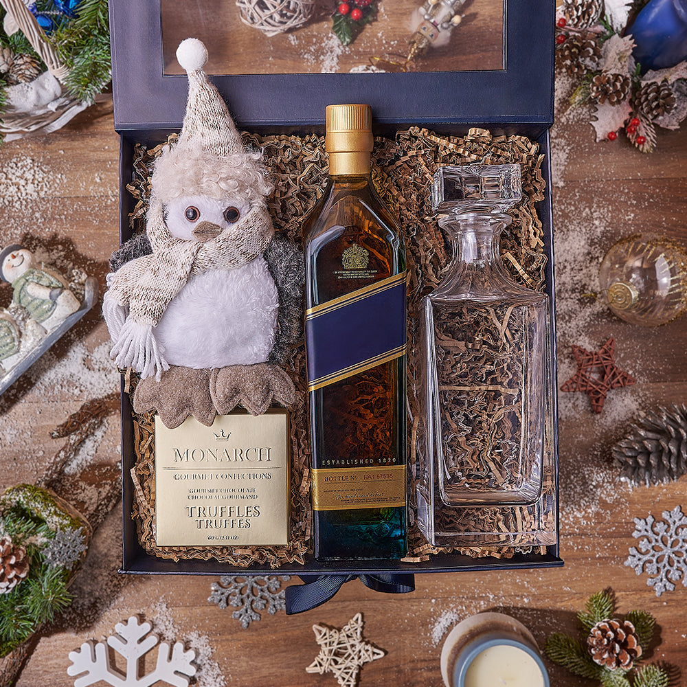 Holiday Liquor Decanter &amp; Treats Basket, liquor gift, liquor, chocolate gift, chocolate, decanter gift, decanter, christmas gift, christmas, Montreal delivery