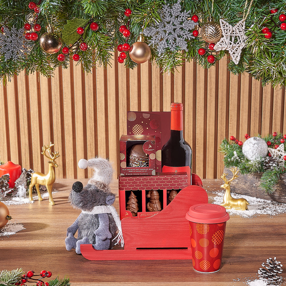 Holiday Sleigh with Wine Gift Basket, christmas gift, christmas, wine gift, wine, chocolate gift, chocolate, Montreal delivery