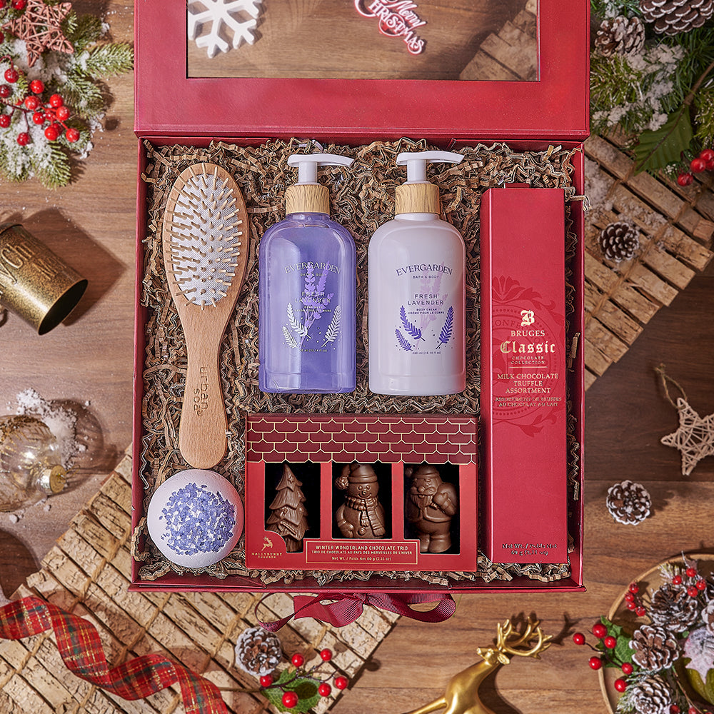 Holiday Spa & Chocolate Gift Box, chocolate gift, chocolate, spa gift, spa, bath gift, bath, Montreal delivery