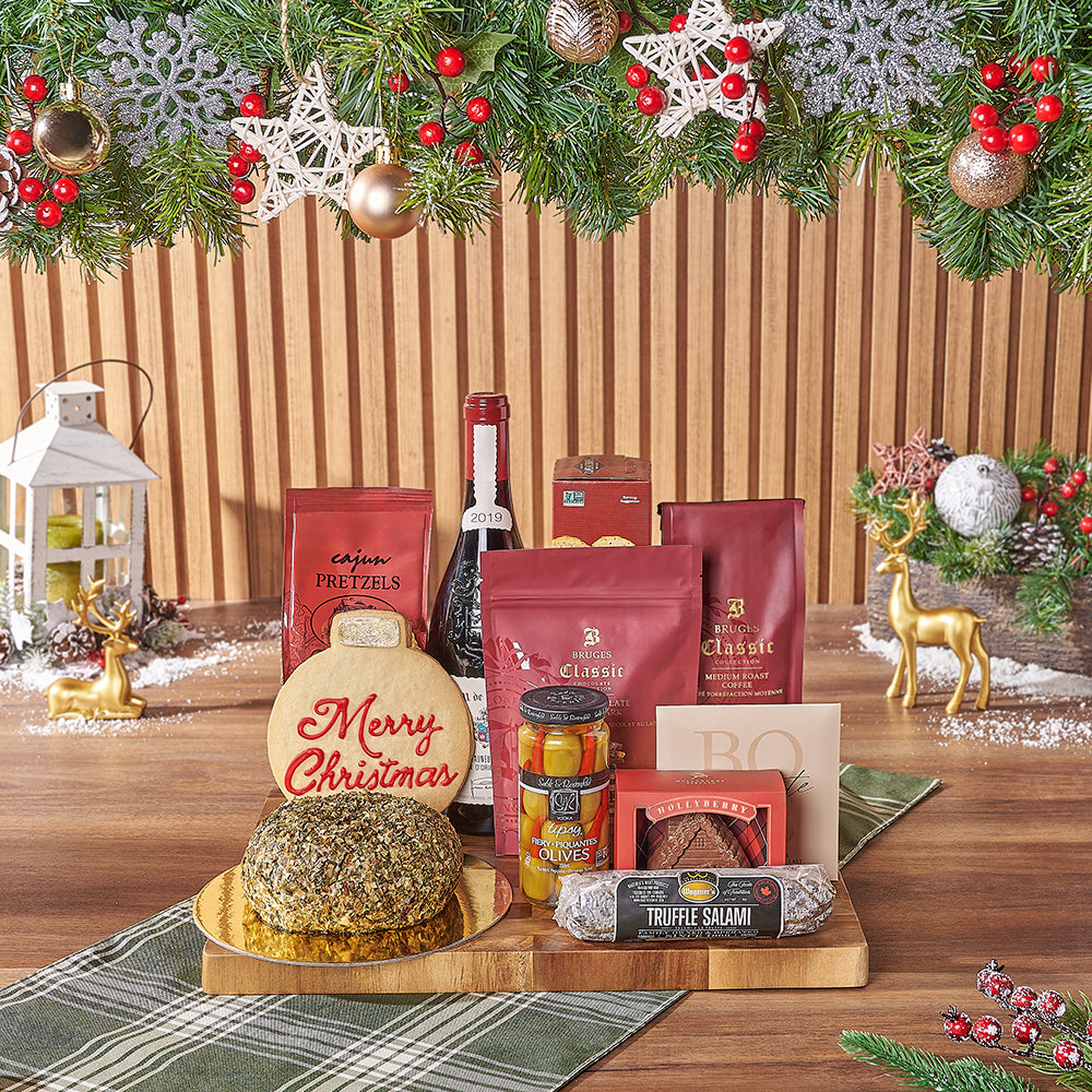 Charcuterie and Wine Holiday Gift Basket – how the gift is presented