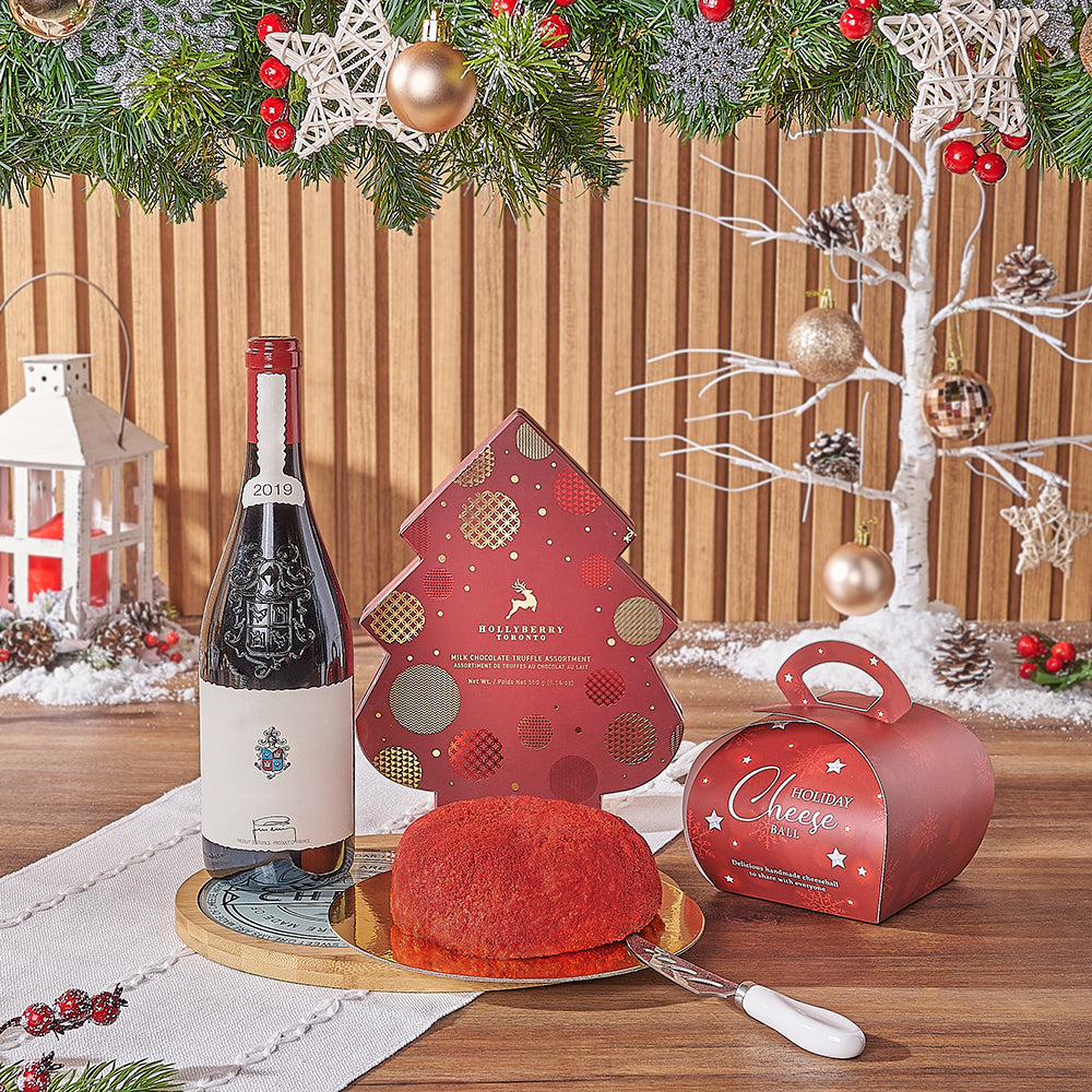 Holiday Wine &amp; Red Velvet Cheese Ball Gift, wine gift, wine, chocolate gift, chocolate, cheeseball gift, cheeseball, christmas gift, christmas, Montreal delivery