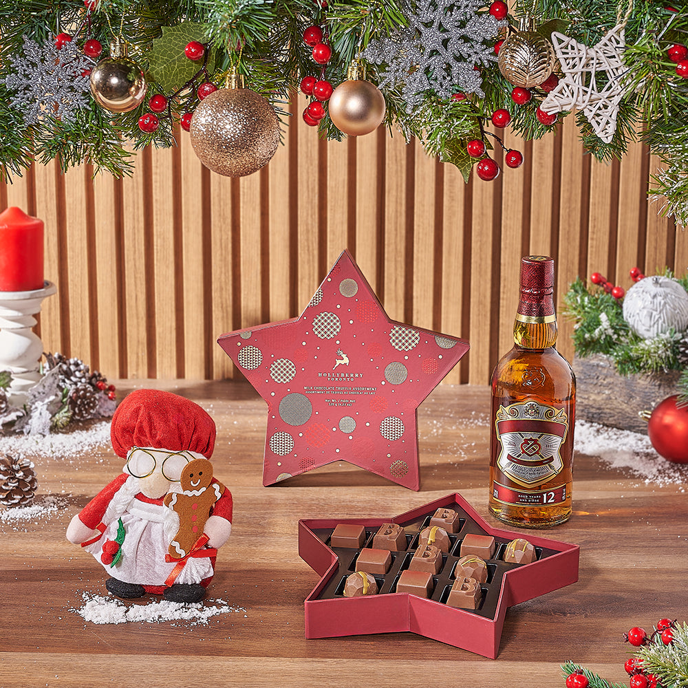 Holiday Whiskey Gift with Chocolates and Mrs. Claus Plush – how the gift is presented
