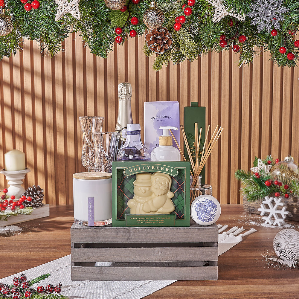 Joyful Champagne & Spa Gift Crate, Christmas gift, Christmas, champagne gift, champagne, sparkling wine gift, sparkling wine, chocolate gift, chocolate, Montreal delivery