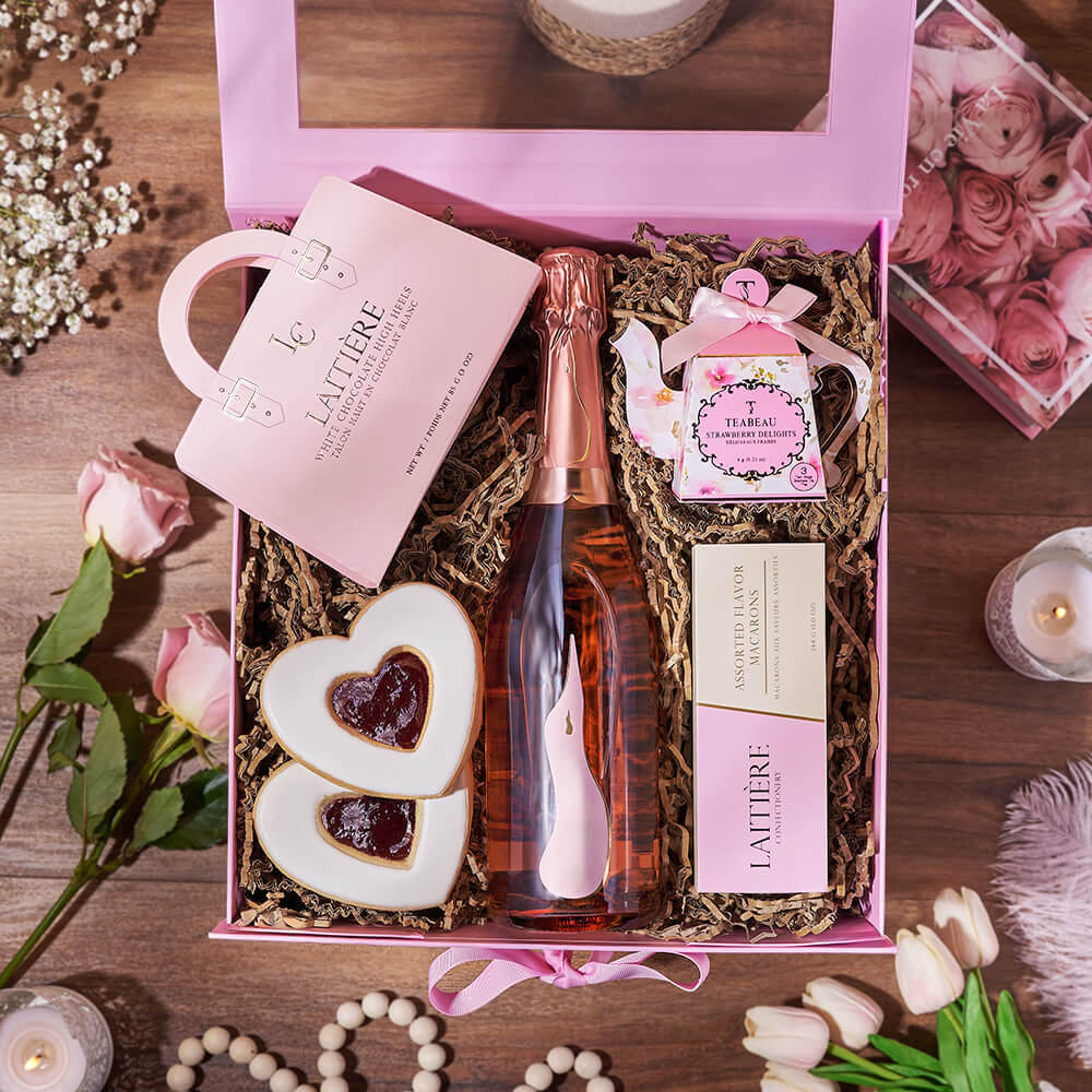Freixenet Cordon Negro Brut Cava Gift Box with White Chocolate and Heart Cookies – gift basket with bottle of sparkling wine, laitiere white chocolate high heels : these beautiful and delicious chocolates from laitiere are shaped into cute high heel shoes