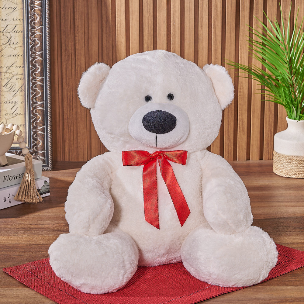 Big white teddy bear with red bow online