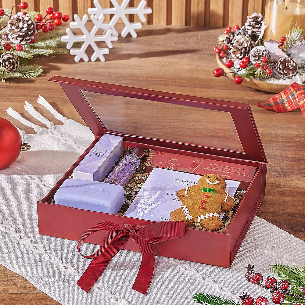 Holiday Lavender Spa Set with Soap, Bath Salts and Sweet Treats – how the gift is presented