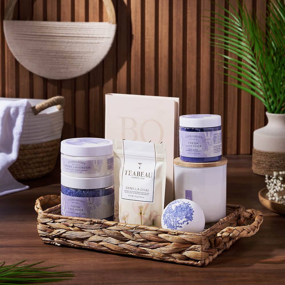 Lavender and Tea Spa Crate, spa gift, spa, bath &amp; body gift, bath &amp; body, tea gift, tea, Montreal delivery