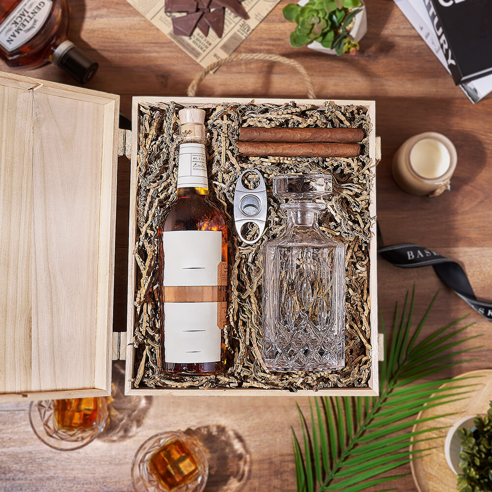 Whiskey Gift Set with Decanter, Two Cigars and Cigar Trimmer – gift basket with bottle of whiskey, gibson decanter : the gibson decanter is a lovely decorated square decanter with classic designs on the side. this decorative and practical glassware will e