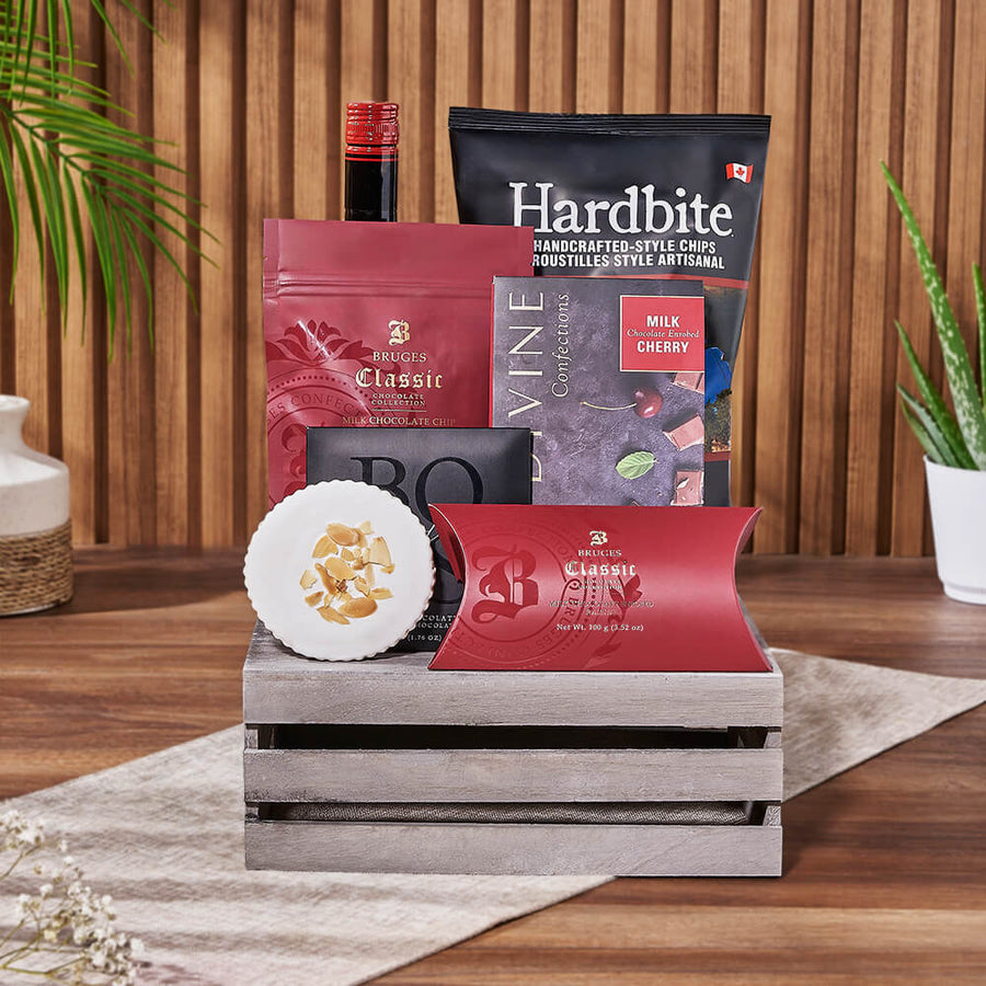 Liquor & Snack Gift Crate, liquor gift, liquor, snack gift, snack, chocolate gift, chocolate, Montreal delivery