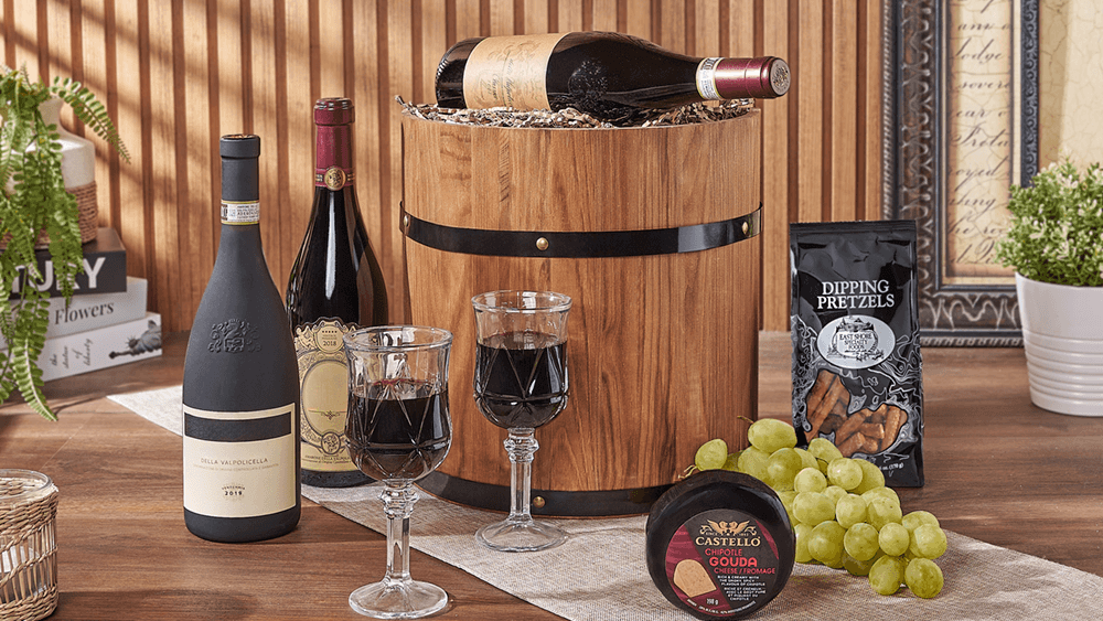 Lovely Wine Cheese Barrel - Table Wines, wine gift, wine, fruit gift, fruit, cheese gift, cheese, Montreal delivery
