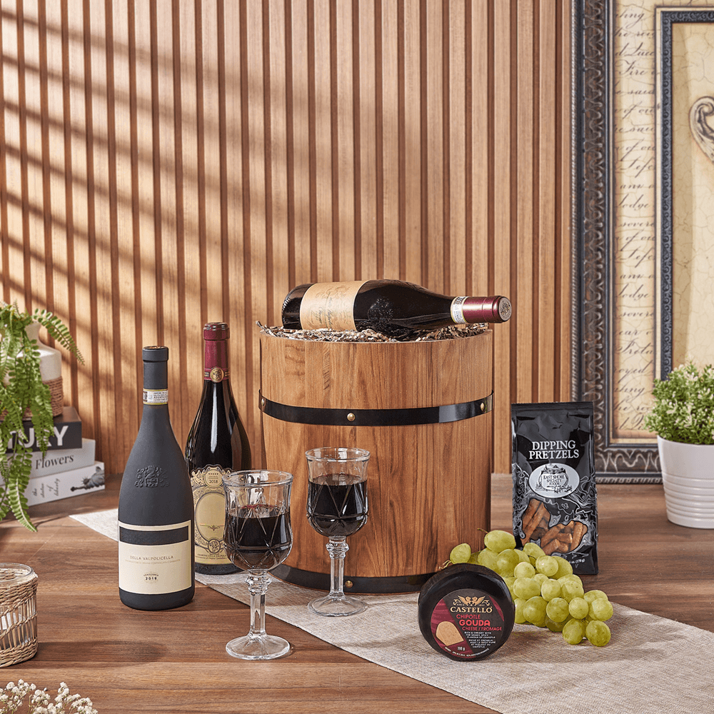 Lovely Wine Cheese Barrel - Vintage Premium Wines, wine gift, wine, fruit gift, fruit, cheese gift, cheese, Montreal delivery